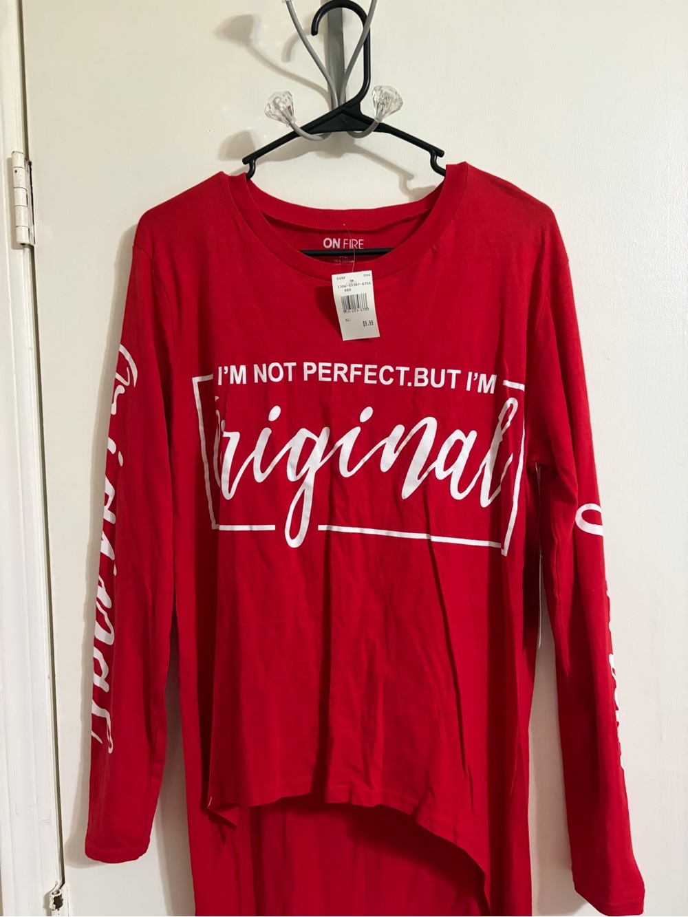 On Fire Red Long Sleeve Maxi Top with White 'Original' Script - Picture 2 of 5